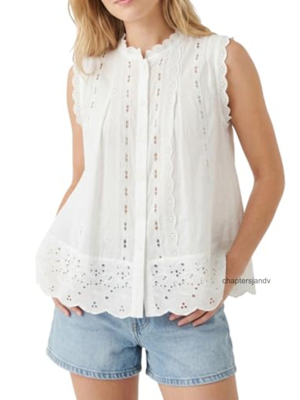 Women Sleeveless Eyelet Tank Top Boho Flounce Hem Button Front Summer